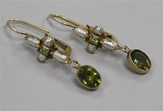 A pair of silver gilt, peridot and mother of pearl cluster drop earrings, 31mm.